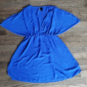 BISOU Bisou Pleated Sheer Blue Dress Swim Cover Large